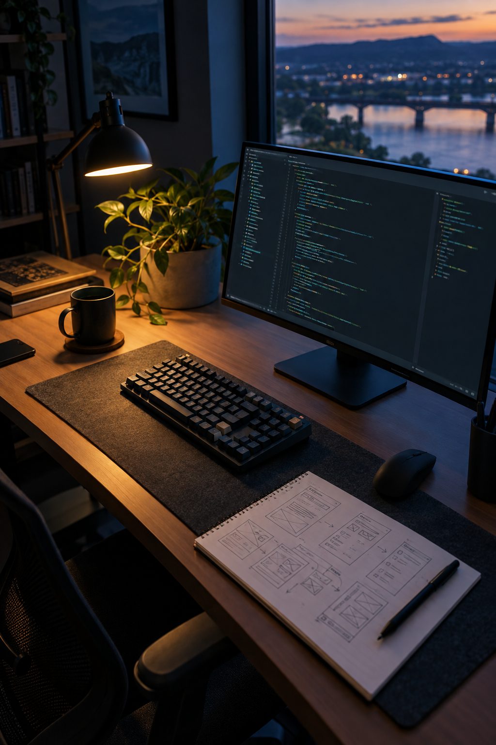 Developer workstation with code on a monitor at dusk