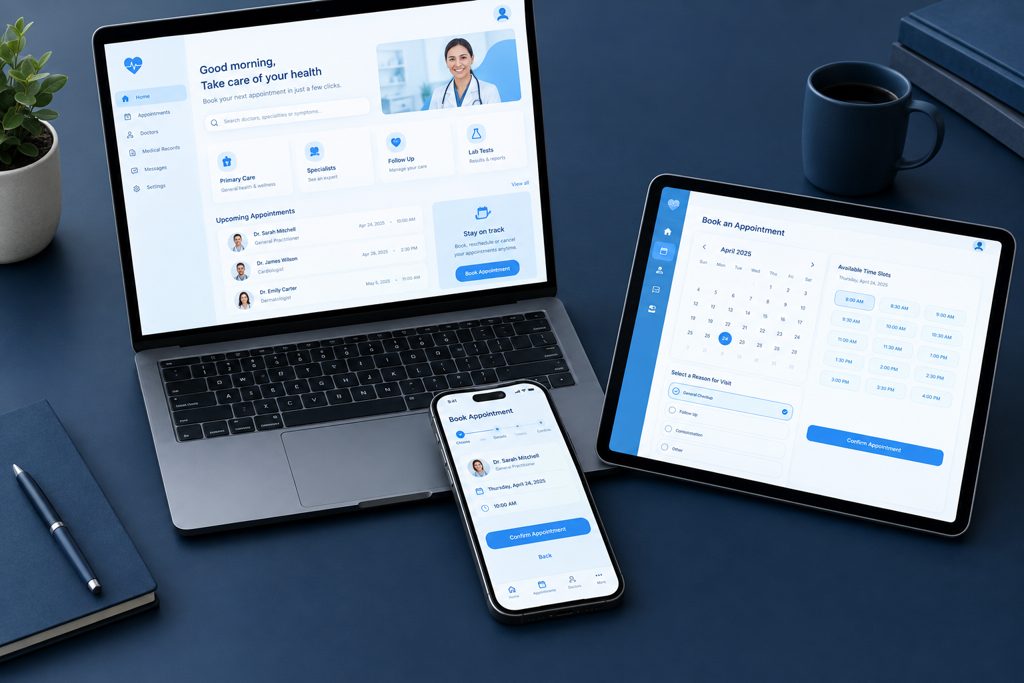 Clinic appointment booking app on phone and tablet