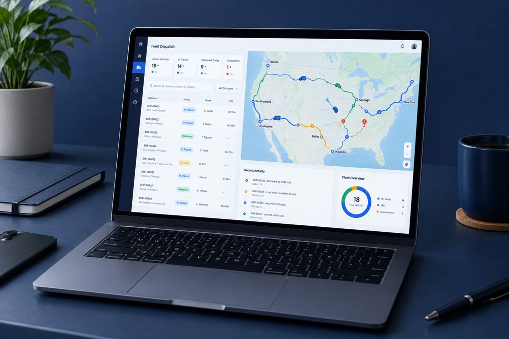 Fleet dispatch dashboard with live map and shipment table