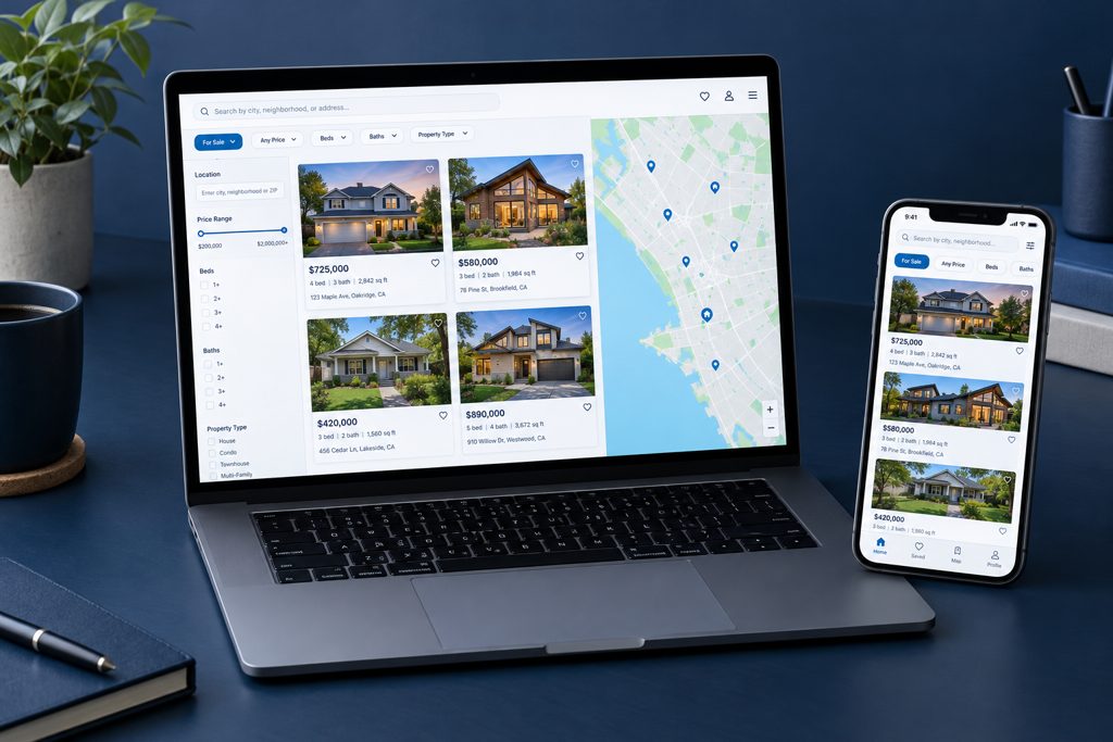 Property listing web app with map search on laptop and phone