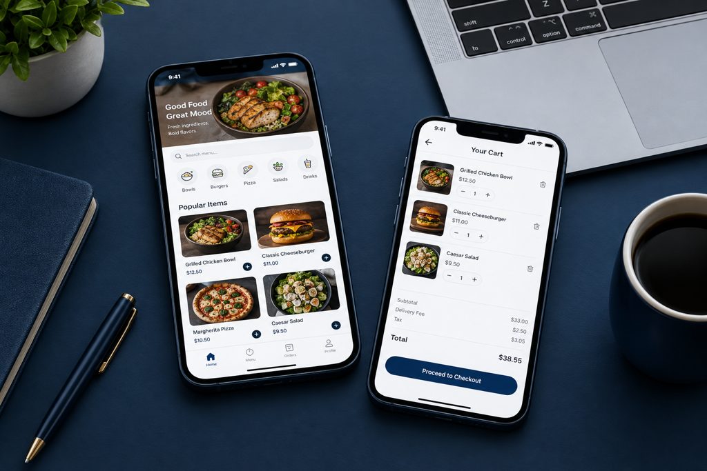 Restaurant online ordering app on two smartphones