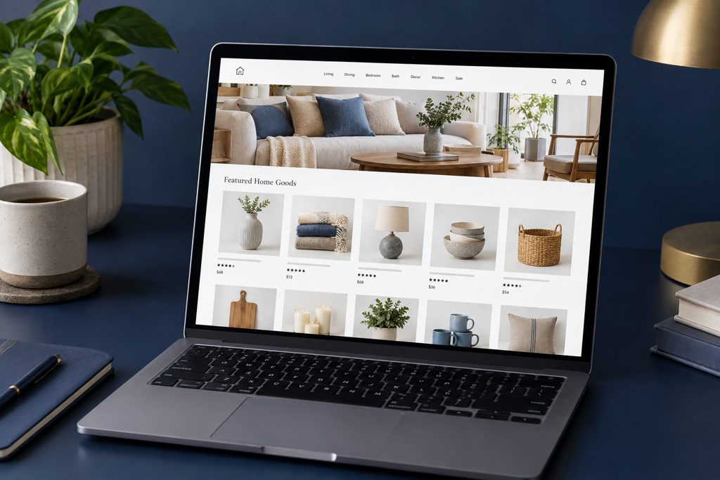 E-commerce storefront for a home goods boutique on a laptop